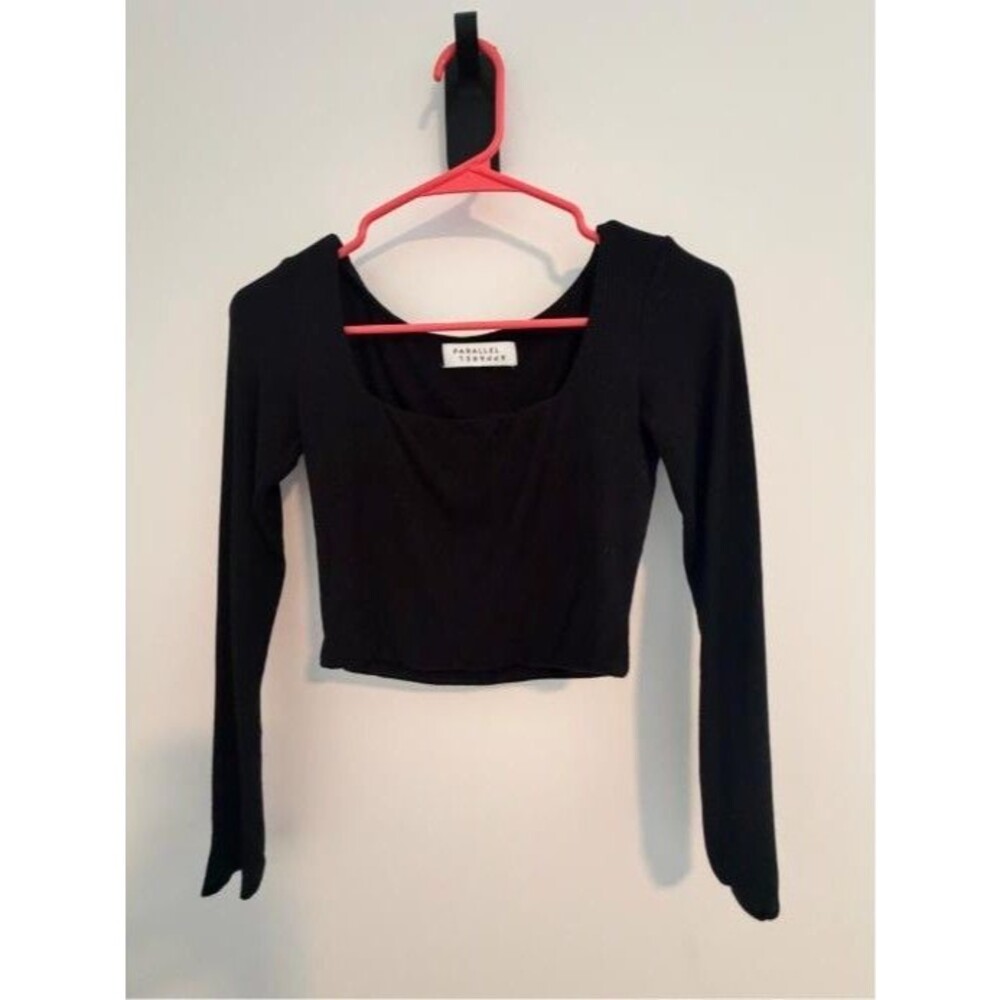 Parallel Apparel Black Square Neck Long Sleeve Crop Top Women's Small